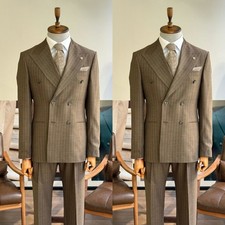 Peak Lapel Striped Men Suits Formal 2Pcs Business Tuxedos Double Breasted Jacket