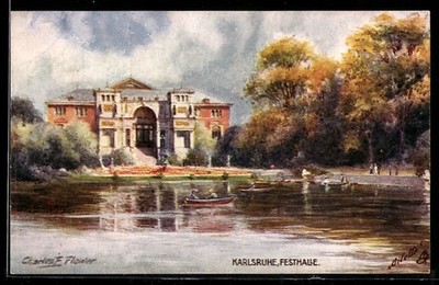 Artist postcard Charles F. Flower: Karlsruhe, festival hall with boats 
