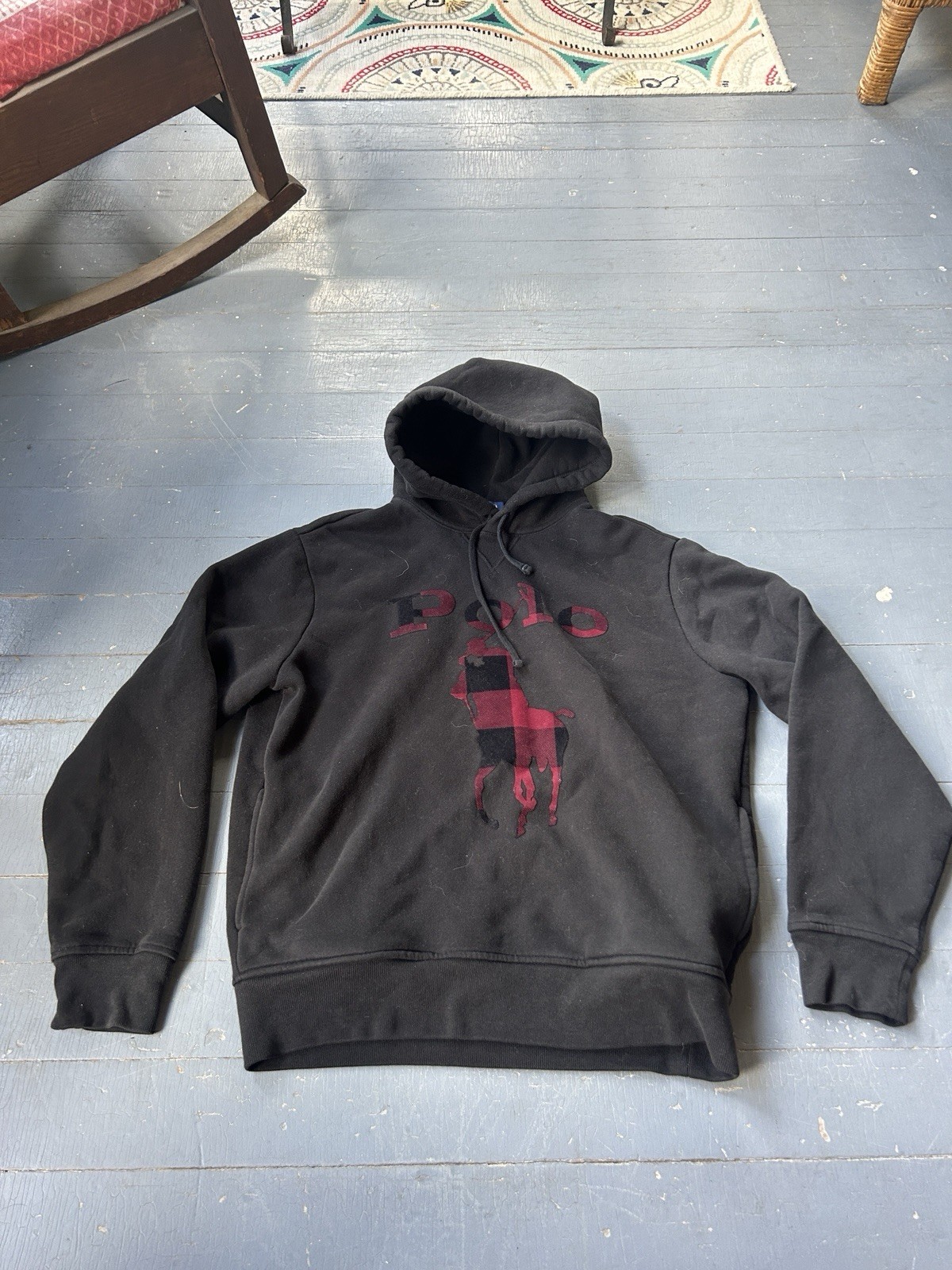 POLO RALPH LAUREN Uomo Nero Big Pony Plaid Fleece Pullover Felpa con Cappuccio Tg M $188