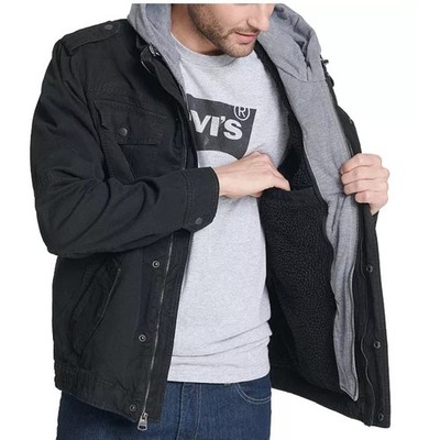 Men's Levi's Washed Cotton Sherpa-Lined Hooded Trucker Jacket Black - SMALL