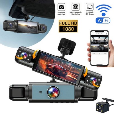 WiFi 4-Kanal Dashcam 1080P Auto Kamera 3.16'' IPS 360° Panoramic Car DVR Dash Cam
