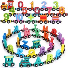 43 Pcs Magnetic Wooden Alphabet Number Trains Set for with 26 Alphabet, 14 Nu...