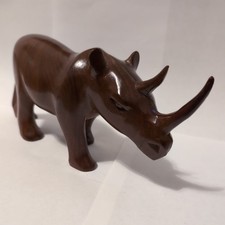 Vintage Hardwood Rhino Rhinoceros Hand Carved Wooden Figurine - 9" long/VG