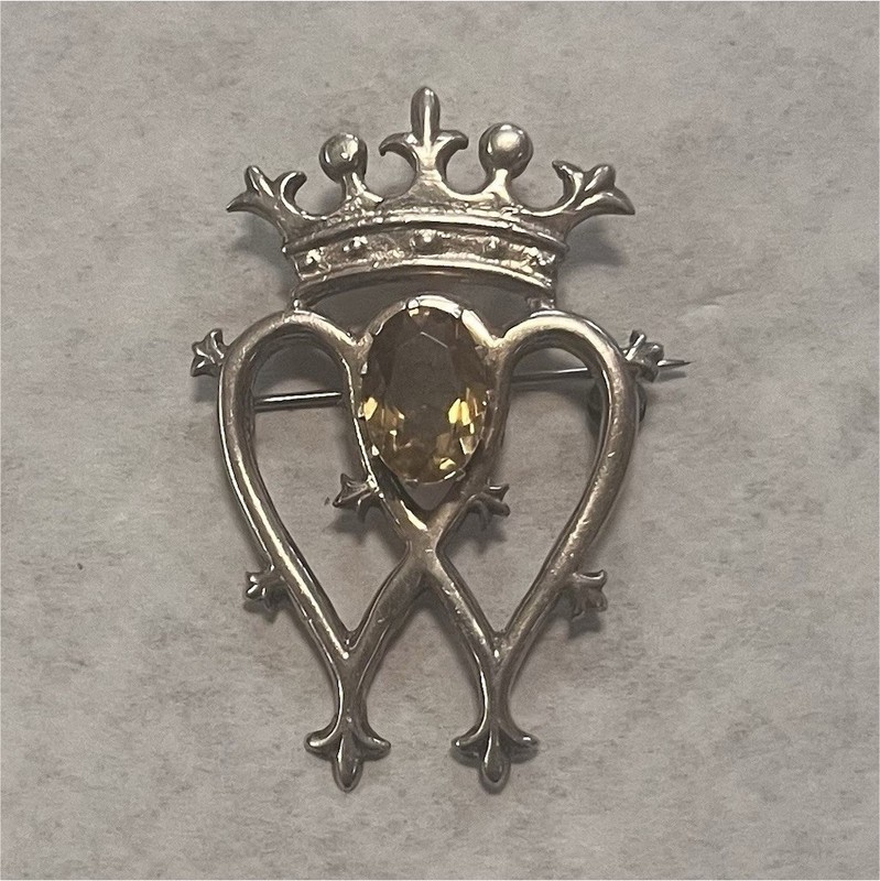 Sterling Silver Luckenbooth Heart Brooch Pin w/ Yellow Citrine Teardrop Scotland
