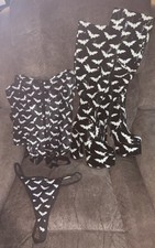 Sexy Goth Outfit Bat Pattern Corset Thong & Boots