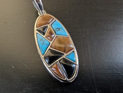 Lia Sophia Genuine Matrix Turquoise Oval Silver Pendant Y2K Southwestern Vibe 2''
