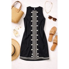 Loft Outlet Womens Black Sleeveless Embroidered Shift Dress Size S Mini Casual