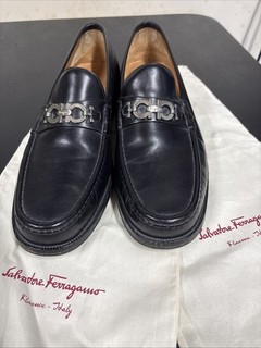 Salvador Ferragamo Men’s Black Leather Gancini Bit Loafers Size 14 D