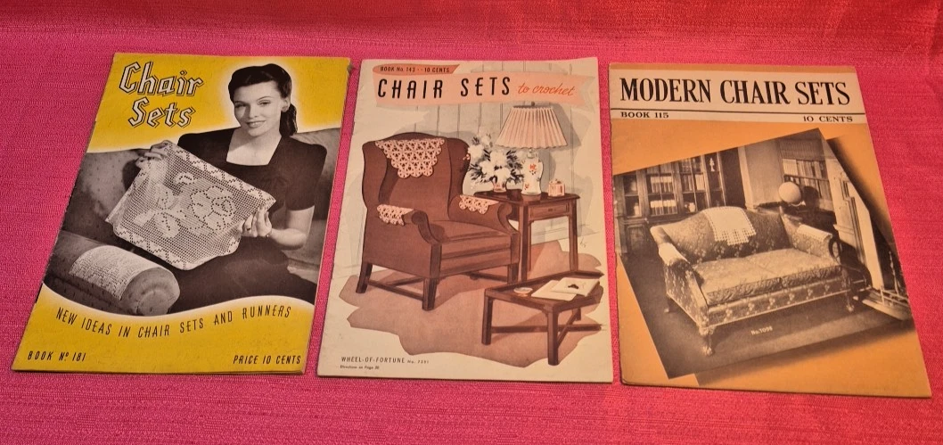 Juego de sillas de ganchillo vintage libros de patrones lote 3 tapetes corredores años 40 años 50