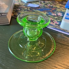 Vintage Green Uranium Depression Glass Candlestick Holder Round Base Glows UV