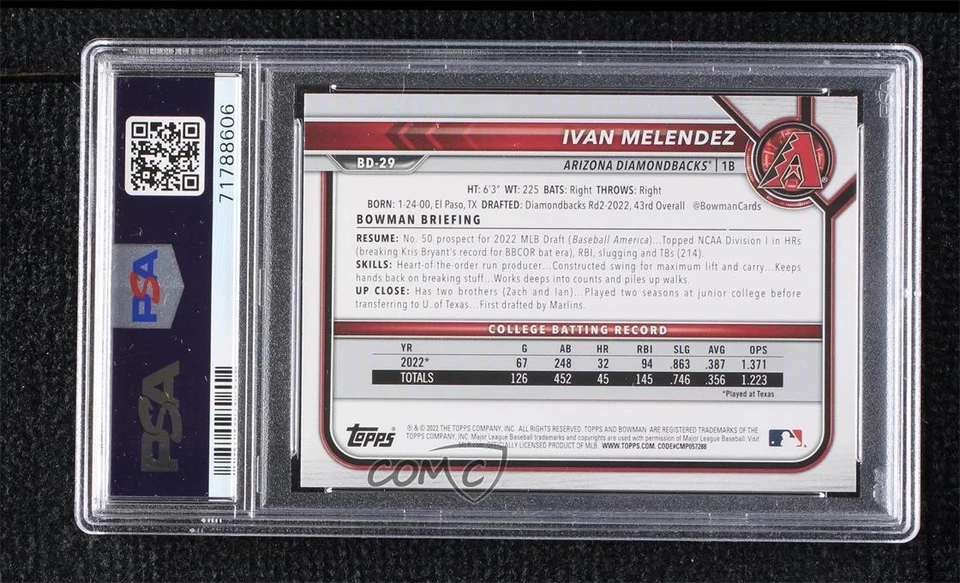 2022 Bowman Draft Purple /250 Ivan Melendez #BD-29 PSA 9 MINT - Image 2 of 2