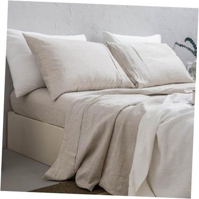  100% Washed French Linen Sheet Set-Size-Linen-4 Pieces (1 Flat Queen Natural