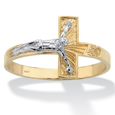 Bicolor strukturierter massiver horizontaler Kruzifix-Ring aus 10 Karat Gelb- und Weißgold