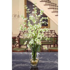 NEW SILK GREEN ORCHID FLOWER ARRANGEMENT w/ Vase Fake Liquid