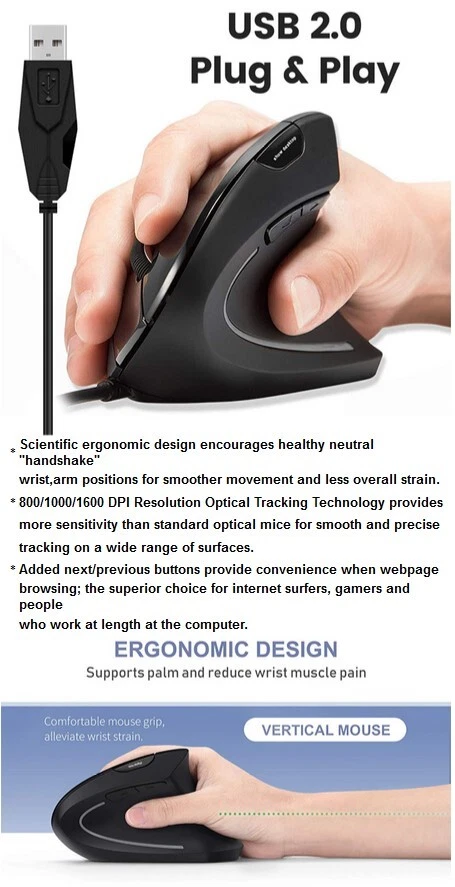 Ergonomic Optical Vertical Mouse Mice USB Wired LED Mice 2400 DPI F Laptop PC - Image 3 of 4