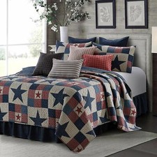 Full Queen King Stars Stripes Plaid Navy Red Rustic Cabin 3pc Quilt Set Coverlet