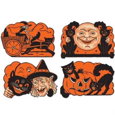 4+Retro+Cutout+Halloween+Decorations+Cat+Witch+Pumpkin+Vintage+ ...