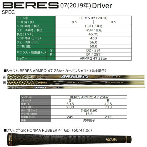 HONMA Beres 07 2019 Driver Loft 9.5° ARMRQ 47 Graphite Shaft 2S 2 Star Flex R - Picture 13 of 13