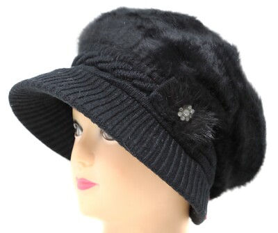 Women Winter Visor Beanie Rabbit Fur Beret Baggy Hat Crochet Cap Warm Slouch NEW
