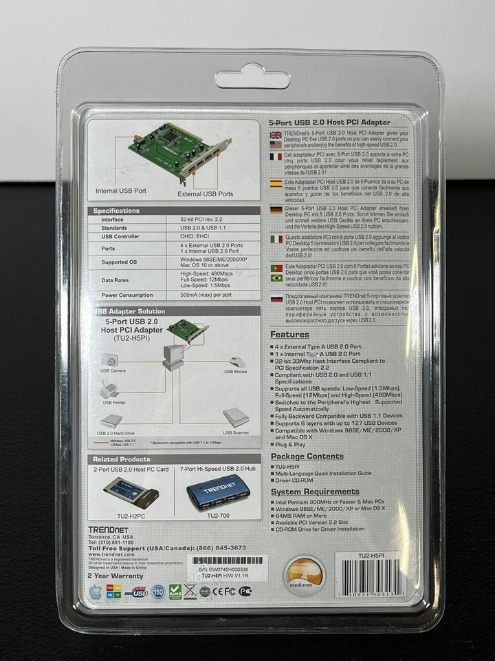 Trendnet 5-Port USB 2.0 Host PCI Adapter New Sealed! TU2-H5PI - Image 2 of 4