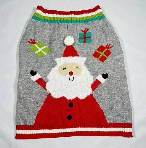 Dog Sweater Gray Jolly Happy Santa Claus Christmas Holiday Pet Costume Large