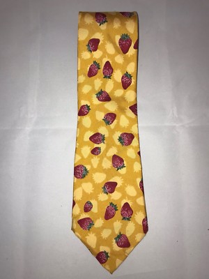 Perry Ellis Yellow Red Strawberries 100% Silk Handmade Men's Classic Neck Tie