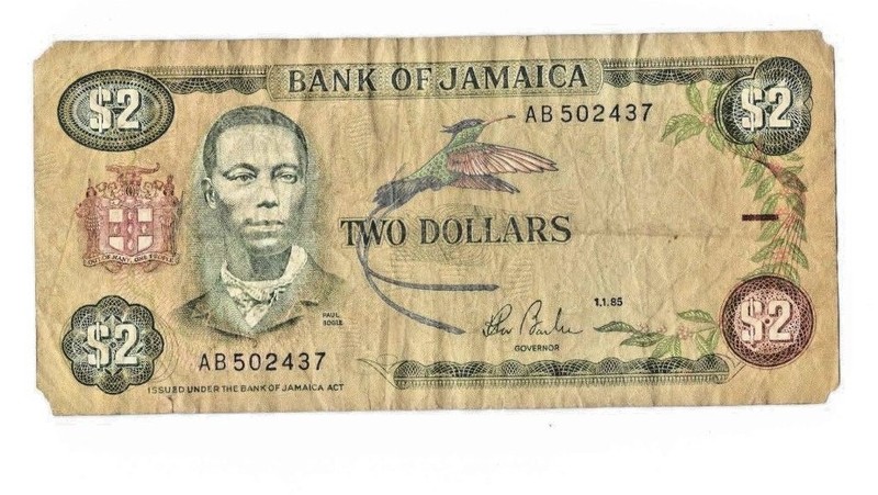 Vintage Bank of Jamaica $2 bank note, Paul Bogle