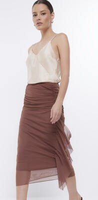River Island ASOS dark brown mesh ruched midi skirt size 10 UK