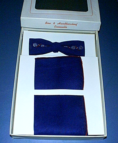 Vintage "Bow Tie & Handkerchief Ensemble" Dark Navy Blue & Red design New in Box