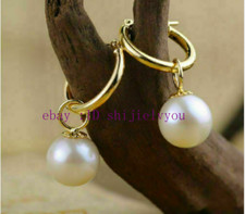 AAA perfect 9.5-10mm round white Australia south sea pearl dangle earring 14K