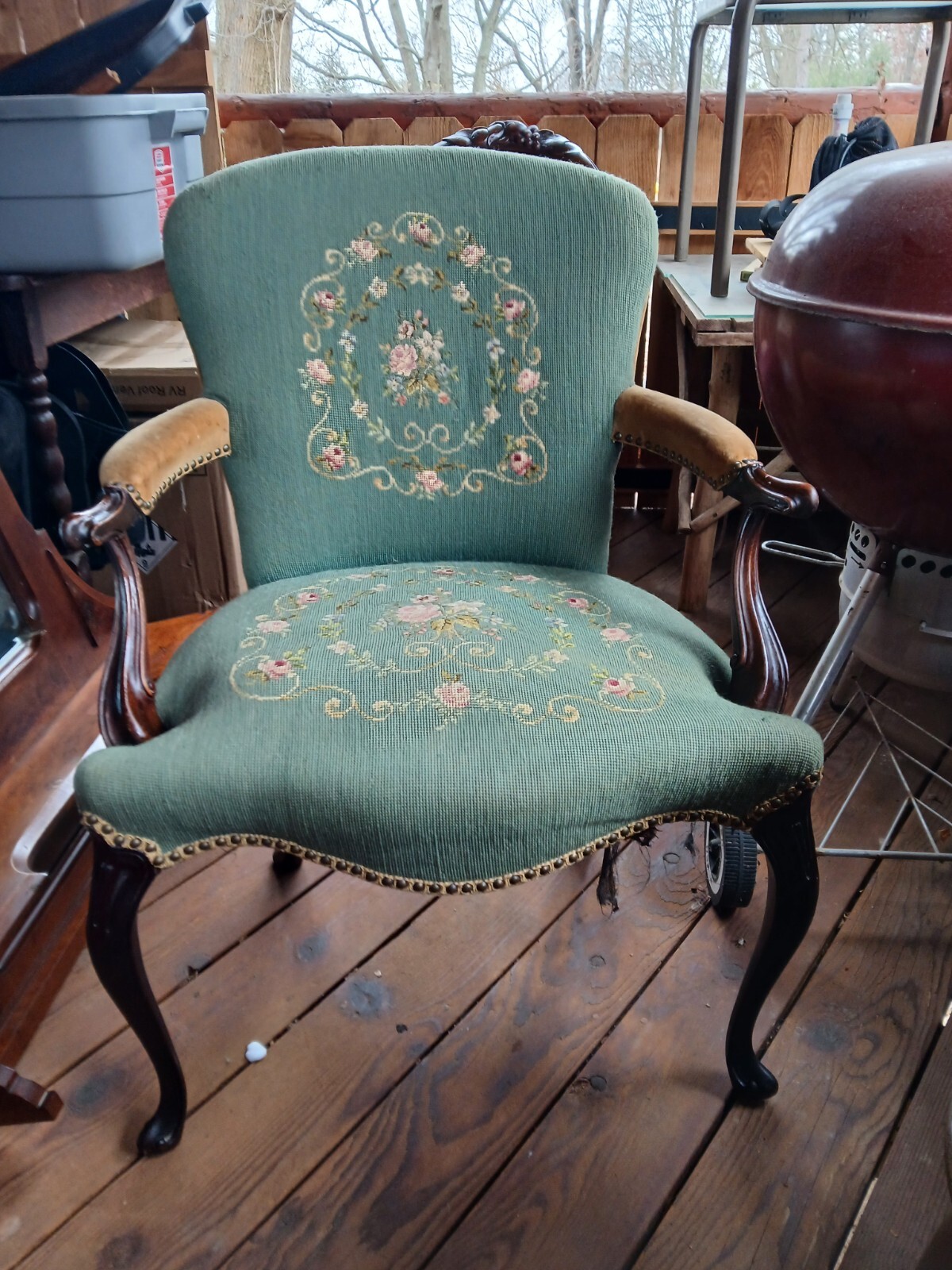 ANTIQUE Vintage Victorian Carved Floral Tapestry Armchair