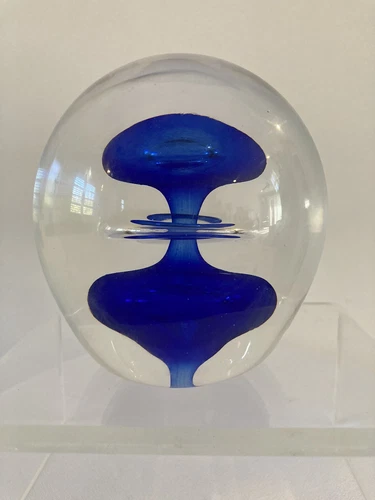 Clear Art Glass Paperweight Vas Vitreum Sweden Blue Swirl Heavy