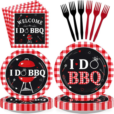 BBQ Party Decorations Set: 96Pcs Black & Red Gingham for 24 Guests