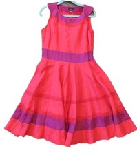 J.Peterman Dress 14 Midi Fit & Flare Colorblock Stripes 100% Linen Red & Purple