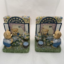 Rare Vintage Shudehill Heavy Resin Bears Watering Garden Colourful Bookends