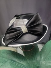 Mr Hi's Classic Womens Church Hat Black White w/ Bow Rhinestones Feathers NWT