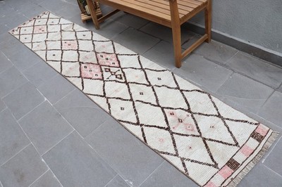 Vintage Rug, 2x10,8 ft Runner Rug, White Abstract Wool Turkish Rug