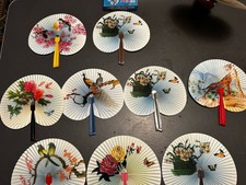10 Vtg Folding Hand Fans Peacock, Tiger, Birds  other Made in China