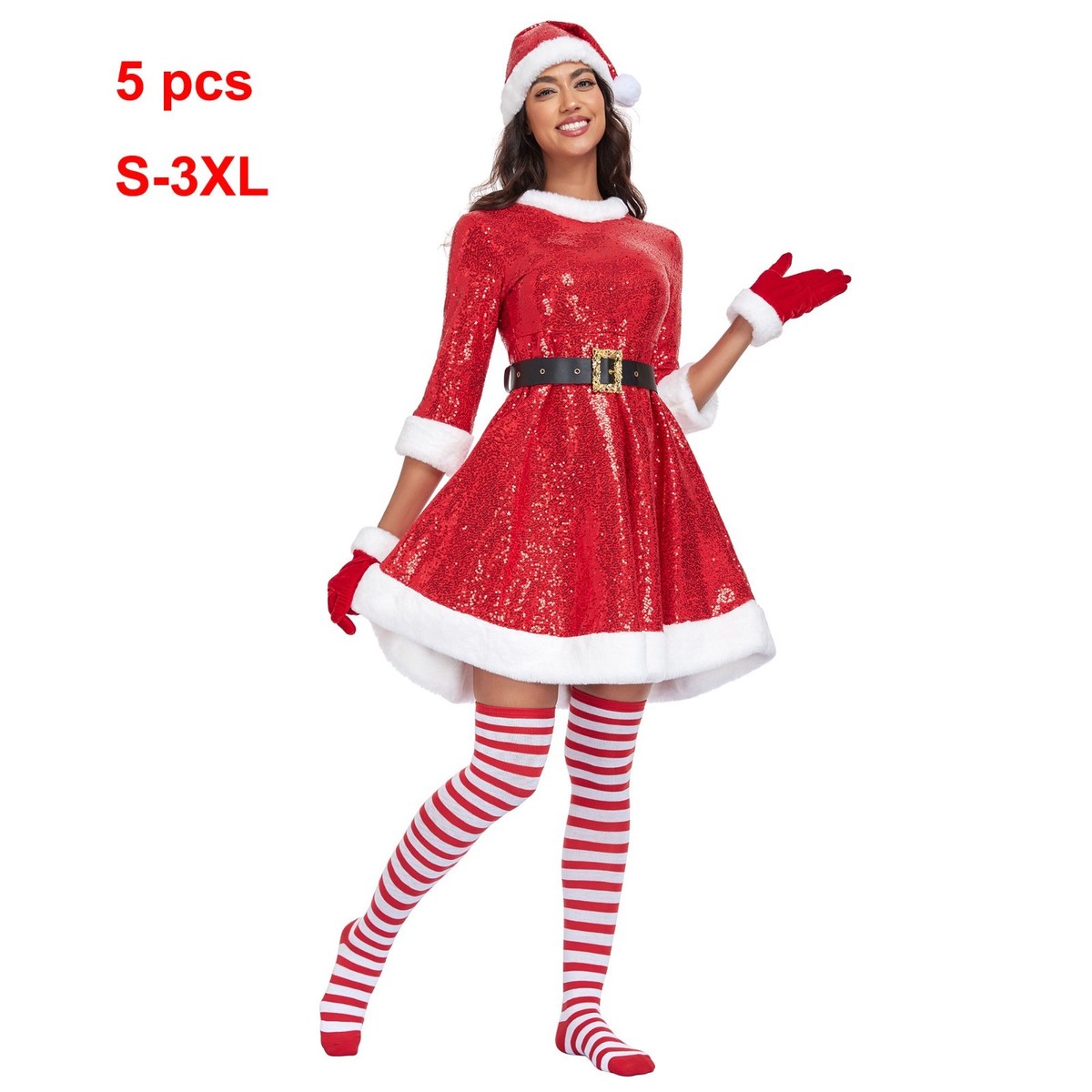 Mrs Claus Costume for Women 5PCS Adult Miss Santa Clause Sequin Dress Outfit  | eBay