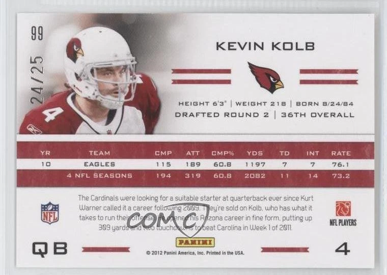 2011 Panini Totally Certified Totally Gold /25 Kevin Kolb #99 - Image 2 of 2