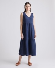 Quince Women 100% Organic Cotton Gauze Tiered Maxi Dress Blue L
