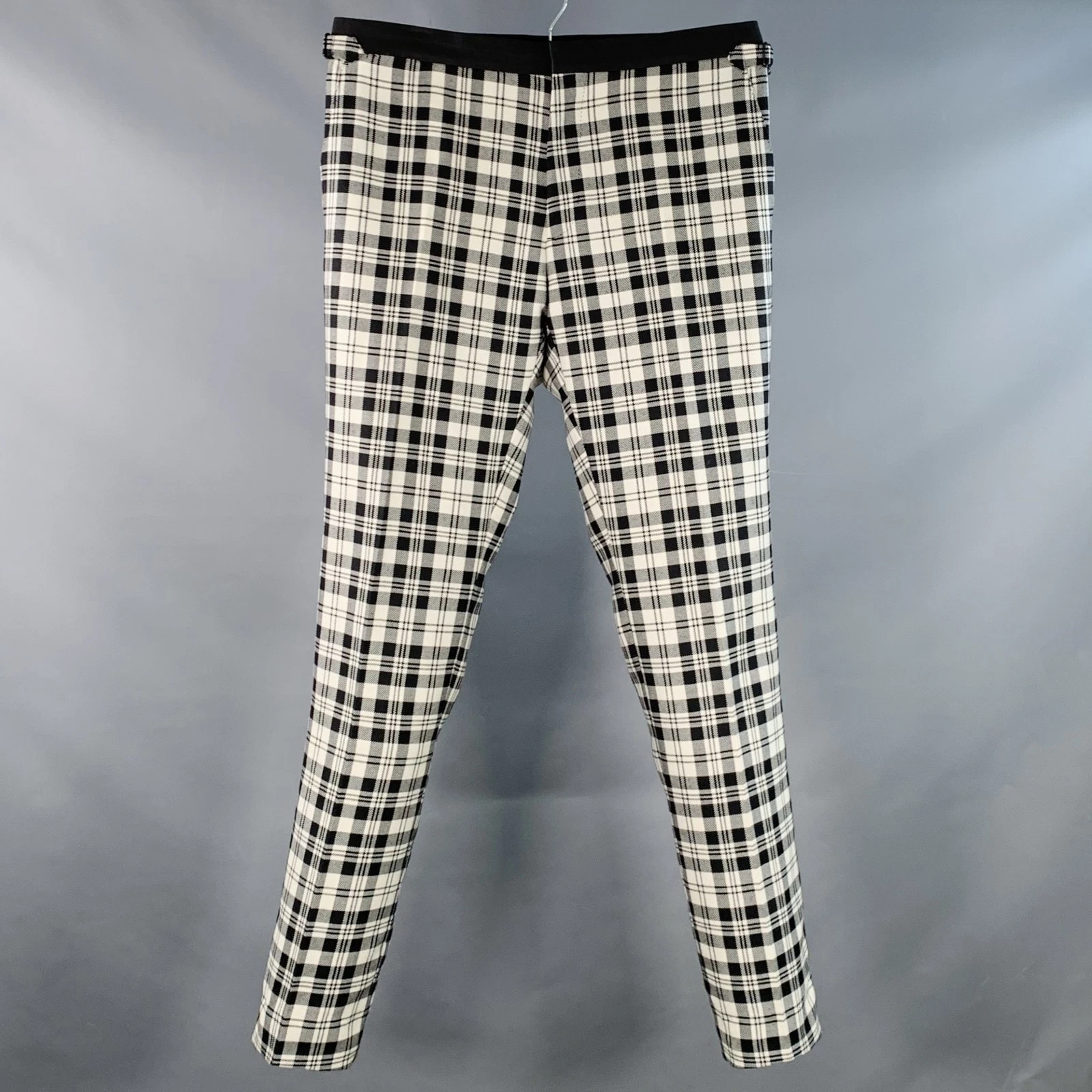 Pantaloni eleganti conici Burberry taglia 36 nero bianco a quadri lana mohair linguette laterali