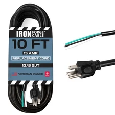 12 AWG Replacement Power Cord with Open End - 10 Ft Black Extension Cable