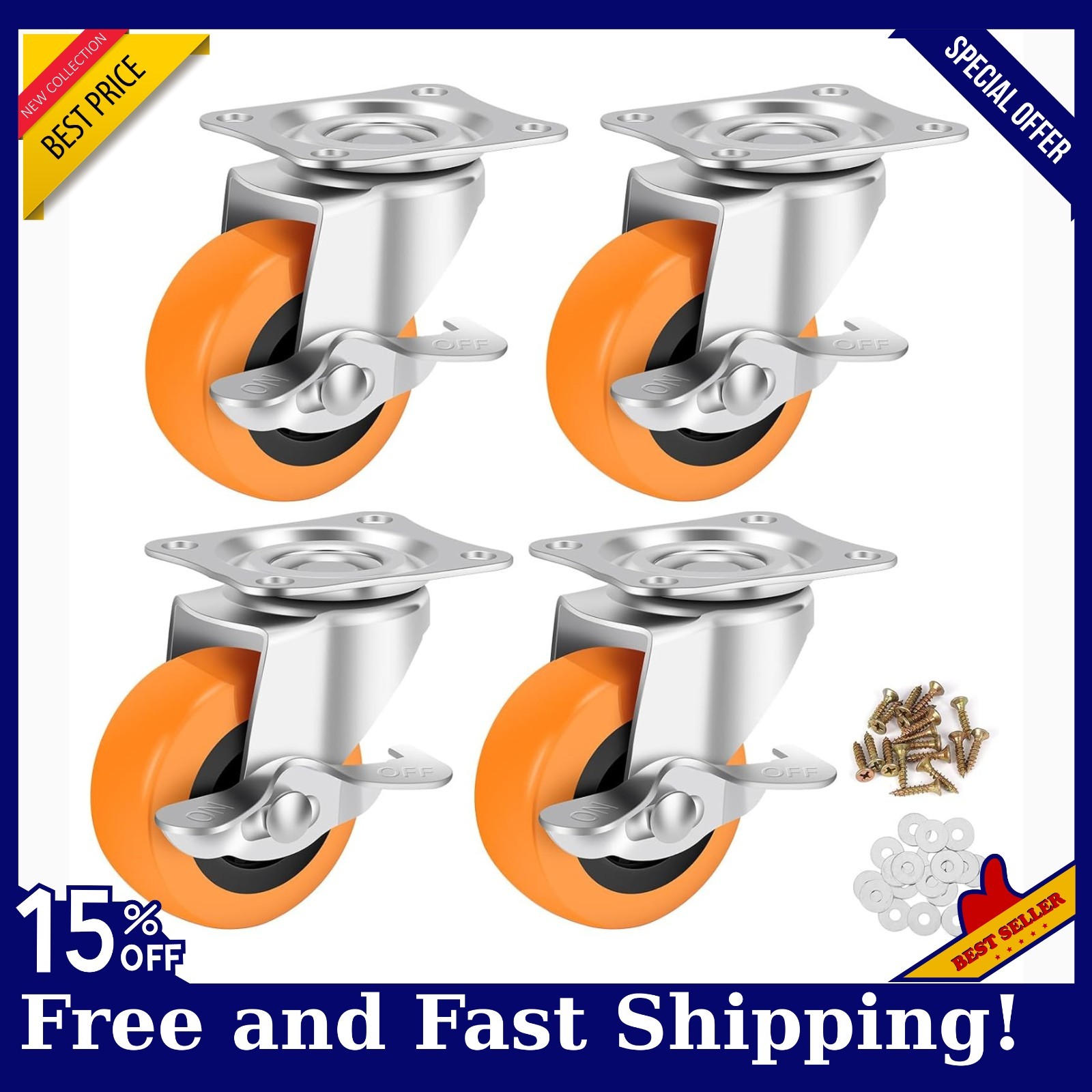 3 Inch Caster Wheels Threaded Stem Casters Set of 4 Heavy Duty Swivel Wheel, NEW