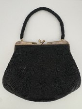 Black Beaded Clutch Purse with Handle Kiss Lock Gold Tone Made In Japan
