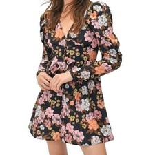 Nasty Gal Collection Puff Sleeve V Neck Floral Mini Dress Black Pink US 2 NWT