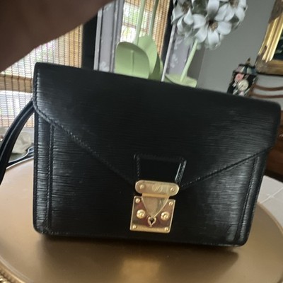 Louis Vuitton Black Clutch Push Lock Gold Hardware Inner Pocket Rectangle