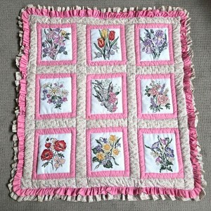 Handmade Hand Cross Stitched Embroidered Pink Floral Quilted Wall Hanging READ