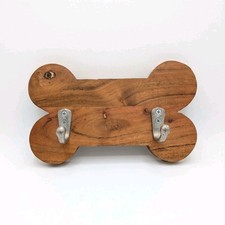 Wooden Dog Bone Wall leash Rack, 2 Silver Metal Hooks, Brown, Easy Install
