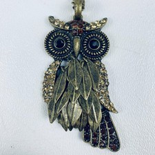 Vintage Bronze-Toned Owl Pendant Necklace Feather Charms Rhinestone Accents